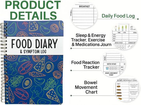 مذكرات الطعام وكتاب سجل الأعراض - مجلة الطعام اليومية ومتتبع صحة الأمعاء لـ IBS، وانخفاض FODMAP، والحساسية والتعصب - تخطيط من صفحتين للوجبات، والنوم، والمزاج، وحركات الأمعاء، والألياف، والسكر وضغط الدم - Keto، Paleo، Whole30، A5 Spiral Planner in Kuwait