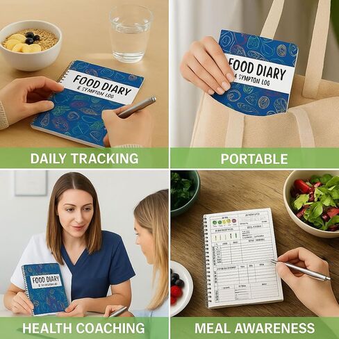 مذكرات الطعام وكتاب سجل الأعراض - مجلة الطعام اليومية ومتتبع صحة الأمعاء لـ IBS، وانخفاض FODMAP، والحساسية والتعصب - تخطيط من صفحتين للوجبات، والنوم، والمزاج، وحركات الأمعاء، والألياف، والسكر وضغط الدم - Keto، Paleo، Whole30، A5 Spiral Planner in Kuwait
