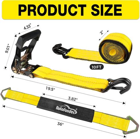 أشرطة ربط السيارة للمقطورات مقاس 2 بوصة × 10 أقدام - خطافات J مع مشابك أمان (قوة كسر 10,000 رطل) - 4 عبوات من أشرطة ربط إطارات المركبات الثقيلة مع أشرطة محورية لمقطورة الشاحنة in Kuwait