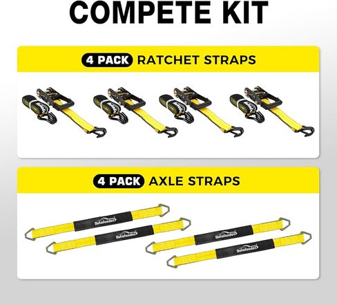 أشرطة ربط السيارة للمقطورات مقاس 2 بوصة × 10 أقدام - خطافات J مع مشابك أمان (قوة كسر 10,000 رطل) - 4 عبوات من أشرطة ربط إطارات المركبات الثقيلة مع أشرطة محورية لمقطورة الشاحنة in Kuwait