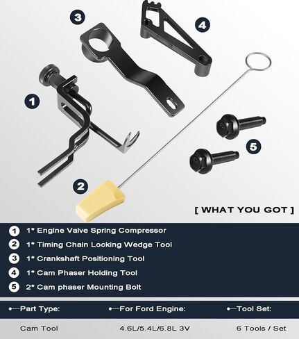 6 قطع أدوات حزام التوقيت لمحركات Ford 4.6L 5.4L 6.8L 3V، مجموعة أدوات ضاغط زنبركي الصمام، أداة تثبيت كام فيزر، أداة إسفين سلسلة التوقيت، حامل وضع العمود المرفقي، مسمار تثبيت كام فيزر in Saudi Arabia