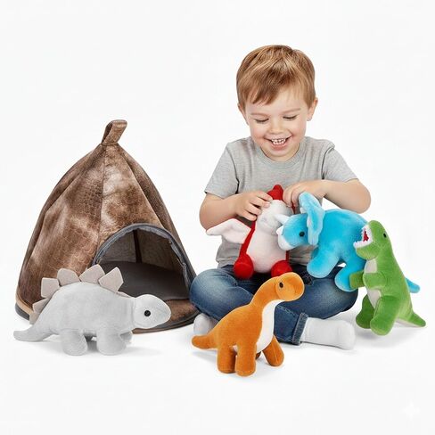 PASSIONFRUIT Stuffed Toy Dinosaur Animal Set – Set of 5 Dino Stuff Toy for Toddlers – with Volcano Zipper Carry Bag – Bright & Vibrant Plush Toy Set – Stuffed Dinosaur Toy for Kids –Easy to Carry in Kuwait