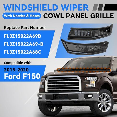 FL3Z15022A69B ممسحة الزجاج الأمامي لوحة القلنسوة متوافقة مع 2015-2020 Ford F150 غطاء النافذة الأمامية لوحة إدراج مع خراطيم الفوهات استبدال FL3Z15022A69-B FL3Z15022A68C، اليسار واليمين in Kuwait