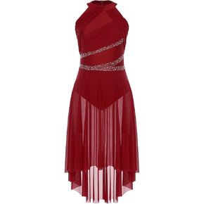Women Adult Lyrical Dance Dress Modern Contemporary Costume Sparkly Rhinestones Ruched Asymmetrical Hem Ballet Dancewear(Red,M) in Kuwait
