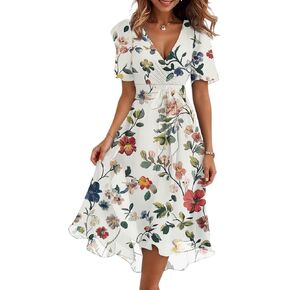 Summer Chiffon Midi Dresses for Women Elegant Classy V Neck Dress Wedding Guest Floral Prom Cocktail Dress with Belt in Saudi Arabia