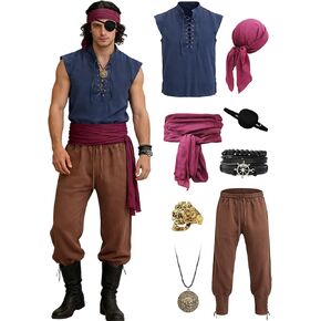 Verceco رجل القراصنة زي 8 قطعة عصر النهضة قميص بدون أكمام الكاحل النطاقات السراويل وشاح حزام والاكسسوارات LARP تأثيري in Kuwait