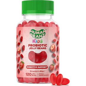 Human Beanz Probiotic Jelly Bean Gummies للأطفال، مكملات بروبيوتيك لصحة الجهاز الهضمي، مكملات نباتية غذائية، 120 فاصوليا جيلي بالفراولة، كوشير in Kuwait
