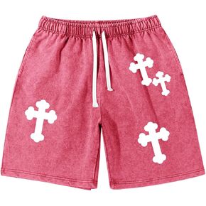 Men's Graphic Cross Print Shorts Drawstring Waist Track Athletic Acid Wash Short Teen Boy Grunge Workout Gym Short in Saudi Arabia