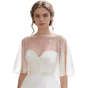 Pearl Shawl Wrap Shrug Wedding White Satin Edge Cape Elegant Tulle Sheer Bridal Scarf Capelets Lace Dress Cover up Evening for Brides Women in Saudi Arabia