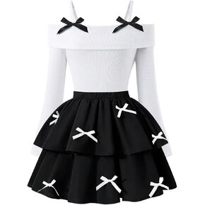 WDIRARA Girl's 2 Piece Skirt Outfits Bow Cold Shoulder Layered Ruffle Skirt Set Birthday Outfits in Saudi Arabia