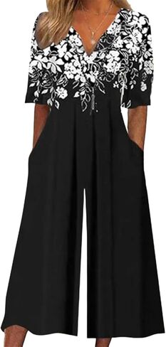 Jumpsuits for Women 2026 Summer Trendy Wrap V Neck Short Sleeve Wide Leg Pants Floral Print Rompers with Pockets in Saudi Arabia