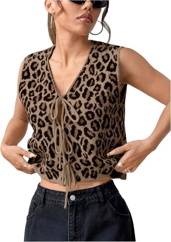 GORGLITTER Women's Leopard Print Sleeveless Sweater Vest Tie Front V Neck Y2k Cheetah Knit Tank Tops Spring Outfits in Saudi Arabia