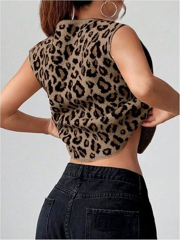 GORGLITTER Women's Leopard Print Sleeveless Sweater Vest Tie Front V Neck Y2k Cheetah Knit Tank Tops Spring Outfits in Saudi Arabia