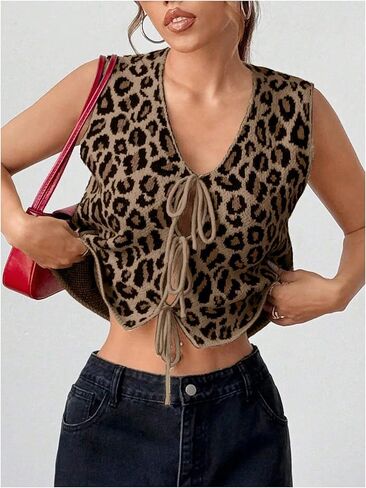 GORGLITTER Women's Leopard Print Sleeveless Sweater Vest Tie Front V Neck Y2k Cheetah Knit Tank Tops Spring Outfits in Saudi Arabia