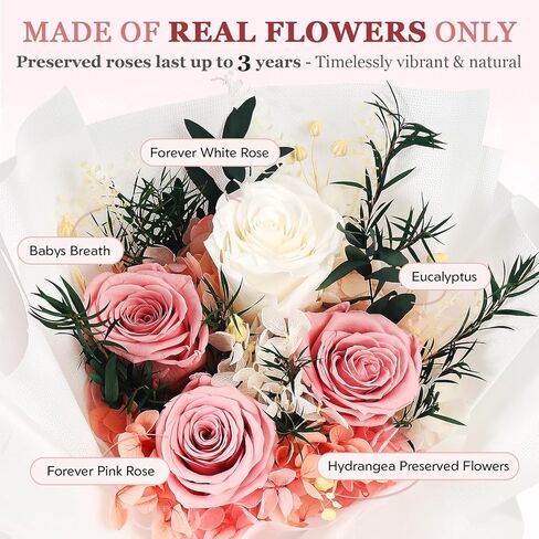 Forever Flowers for Delivery - Preserved Flowers Bouquet, Preserved Roses Bouquet Gifts for Women Anniversary Birthday Forever Pink Rose Gifts for Her Mom Grandma Wife Girlfriend Valentine in Saudi Arabia