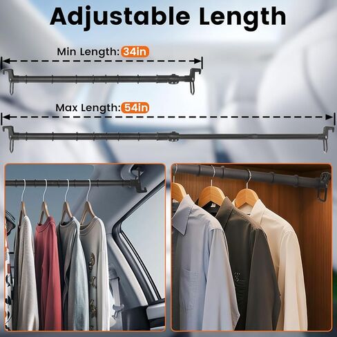 شريط شماعات ملابس السيارة، قضبان ملابس للمركبات بطول 34-54 بوصة قابل للتعديل من الفولاذ القوي مناسب للمركبات الترفيهية والسفر بالسيارة يحافظ على الملابس نظيفة وجافة in Kuwait