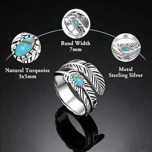 Women's 925 Sterling Silver Simple Vintage Feather Ring With Turquoise - Adjustable Stacking Vintage Statement Ring, Fashion Jewelry Accessory, Daily And Party Wear, The Best Festival Gift in Saudi Arabia