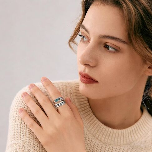 Women's 925 Sterling Silver Simple Vintage Feather Ring With Turquoise - Adjustable Stacking Vintage Statement Ring, Fashion Jewelry Accessory, Daily And Party Wear, The Best Festival Gift in Saudi Arabia