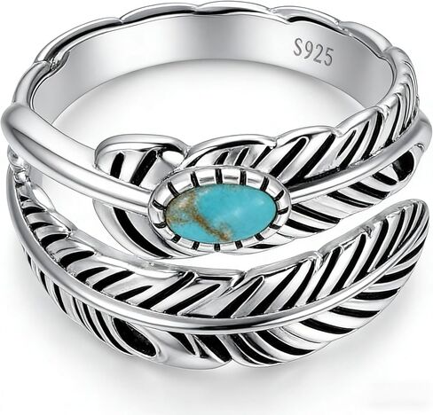 Women's 925 Sterling Silver Simple Vintage Feather Ring With Turquoise - Adjustable Stacking Vintage Statement Ring, Fashion Jewelry Accessory, Daily And Party Wear, The Best Festival Gift in Saudi Arabia