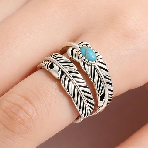 Women's 925 Sterling Silver Simple Vintage Feather Ring With Turquoise - Adjustable Stacking Vintage Statement Ring, Fashion Jewelry Accessory, Daily And Party Wear, The Best Festival Gift in Saudi Arabia