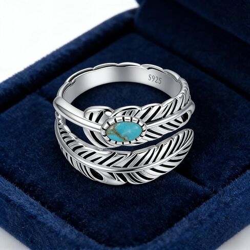 Women's 925 Sterling Silver Simple Vintage Feather Ring With Turquoise - Adjustable Stacking Vintage Statement Ring, Fashion Jewelry Accessory, Daily And Party Wear, The Best Festival Gift in Saudi Arabia