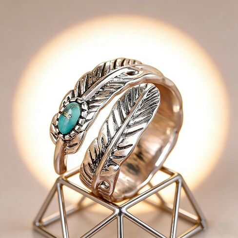 Women's 925 Sterling Silver Simple Vintage Feather Ring With Turquoise - Adjustable Stacking Vintage Statement Ring, Fashion Jewelry Accessory, Daily And Party Wear, The Best Festival Gift in Saudi Arabia