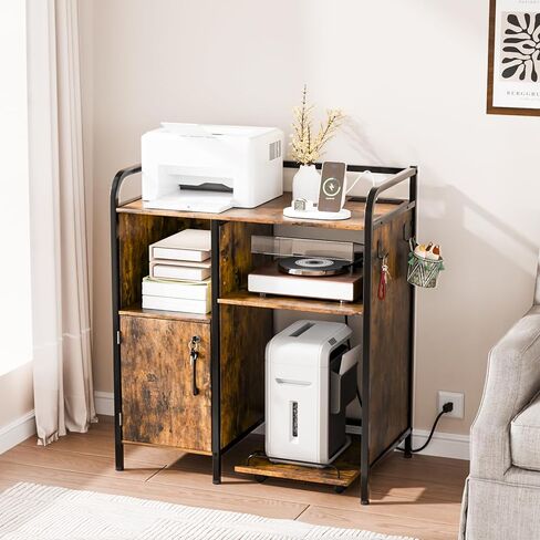 VINGLI Multifunctional Printer Stand with Trolley, Paper Shredder Stand Rack with Wheels, Lateral Office Storage Cabinets with Socket and USB Charging Port, Open Shelves for Home Office (Rustic Brown) in Saudi Arabia