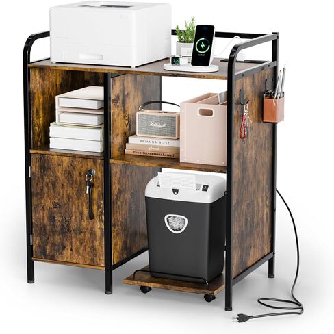 VINGLI Multifunctional Printer Stand with Trolley, Paper Shredder Stand Rack with Wheels, Lateral Office Storage Cabinets with Socket and USB Charging Port, Open Shelves for Home Office (Rustic Brown) in Saudi Arabia