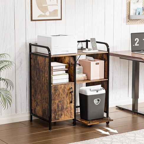 VINGLI Multifunctional Printer Stand with Trolley, Paper Shredder Stand Rack with Wheels, Lateral Office Storage Cabinets with Socket and USB Charging Port, Open Shelves for Home Office (Rustic Brown) in Saudi Arabia