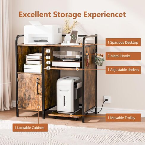 VINGLI Multifunctional Printer Stand with Trolley, Paper Shredder Stand Rack with Wheels, Lateral Office Storage Cabinets with Socket and USB Charging Port, Open Shelves for Home Office (Rustic Brown) in Saudi Arabia