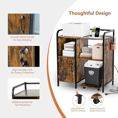 VINGLI Multifunctional Printer Stand with Trolley, Paper Shredder Stand Rack with Wheels, Lateral Office Storage Cabinets with Socket and USB Charging Port, Open Shelves for Home Office (Rustic Brown) in Saudi Arabia