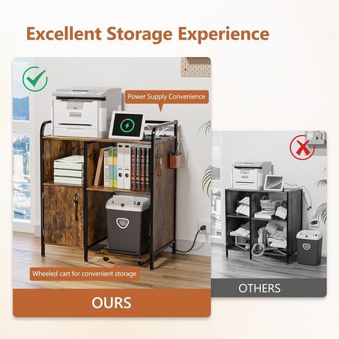 VINGLI Multifunctional Printer Stand with Trolley, Paper Shredder Stand Rack with Wheels, Lateral Office Storage Cabinets with Socket and USB Charging Port, Open Shelves for Home Office (Rustic Brown) in Saudi Arabia