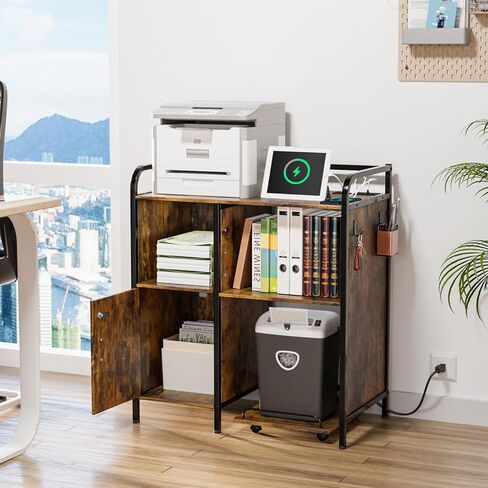 VINGLI Multifunctional Printer Stand with Trolley, Paper Shredder Stand Rack with Wheels, Lateral Office Storage Cabinets with Socket and USB Charging Port, Open Shelves for Home Office (Rustic Brown) in Saudi Arabia