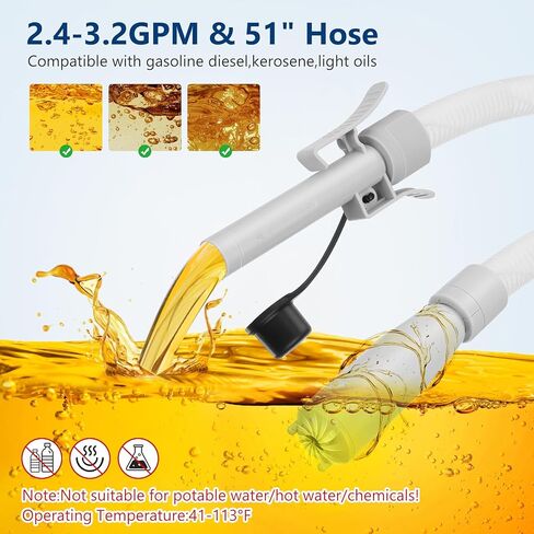 مضخة نقل الوقود مع مستشعر التوقف التلقائي -3.2 جالون في الدقيقة، 3 محولات خزان، مضخة وقود محمولة بخرطوم 51 بوصة تعمل بالبطارية، مضخة سائلة، مضخة نقل الغاز للبنزين والديزل والزيت (غير متضمنة) in Kuwait