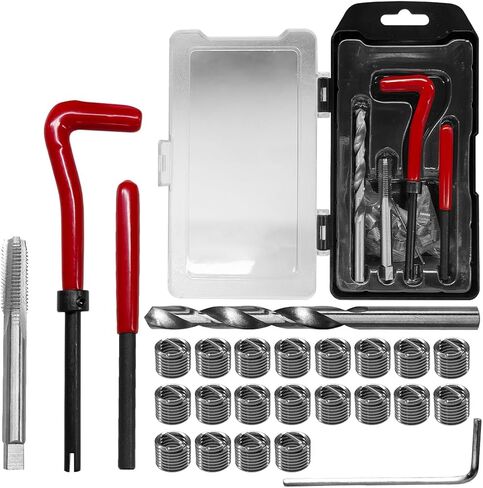 طقم إصلاح خيط M6 x 1.0 مكون من 25 قطعة، مجموعة إدراج هيليكويل مترية مع حنفية مثقاب HSS وأداة قطع، طقم إعادة خيوط من الفولاذ المقاوم للصدأ مجموعة أدوات يدوية متوافقة لإصلاح الخيوط التالفة (M6) in Kuwait