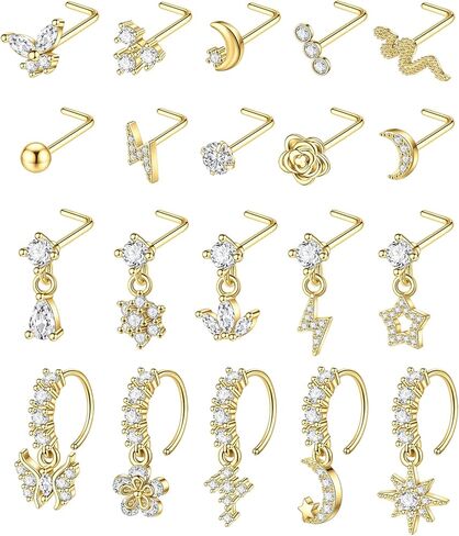 casdan 20pcs 20g الجراحية الصلب تتدلى خواتم الأنف للنساء l على شكل حلقات الأنف المتدلية ترصيع الأطواق الفولاذ المقاوم للصدأ زهرة فراشة القمر تتدلى الأنف ثقب المجوهرات (الذهب / اللون الفضي) in Kuwait