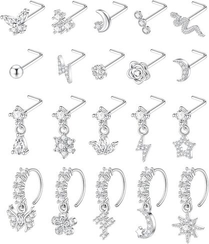 casdan 20pcs 20g الجراحية الصلب تتدلى خواتم الأنف للنساء l على شكل حلقات الأنف المتدلية ترصيع الأطواق الفولاذ المقاوم للصدأ زهرة فراشة القمر تتدلى الأنف ثقب المجوهرات (الذهب / اللون الفضي) in Kuwait