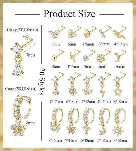 casdan 20pcs 20g الجراحية الصلب تتدلى خواتم الأنف للنساء l على شكل حلقات الأنف المتدلية ترصيع الأطواق الفولاذ المقاوم للصدأ زهرة فراشة القمر تتدلى الأنف ثقب المجوهرات (الذهب / اللون الفضي) in Kuwait