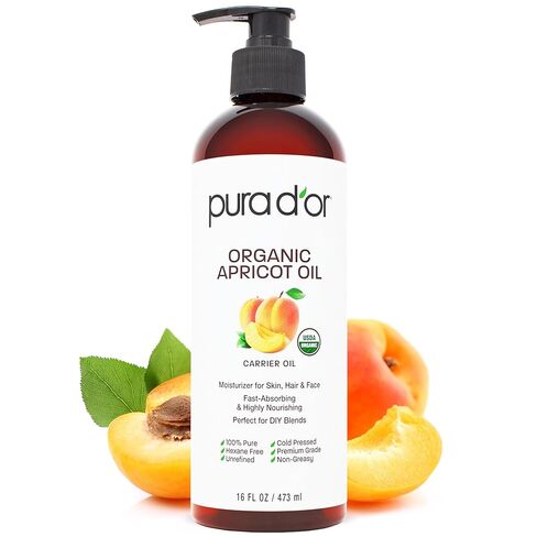 PURA D'OR Organic Apricot Kernel Oil, 100% Pure USDA Certified Natural Unrefined Cold Pressed Carrier Oil, Vitamins & Antioxidants, Nourishing & Moisturizing For Body Massage, Hair, Skin & Nails, 16oz in Kuwait