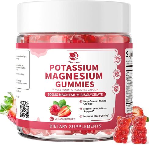 Magnesium Potassium Supplement Gummies - New Formula Calm Magnesium Glycinate 500mg & Potassium Citrate 200mg Plus Omega 3, B6, D3, K2 & Calcium for Sleep, Leg Cramps & Muscle - 120 Strawberry Gummies in Kuwait