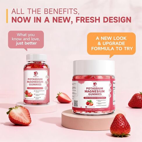 Magnesium Potassium Supplement Gummies - New Formula Calm Magnesium Glycinate 500mg & Potassium Citrate 200mg Plus Omega 3, B6, D3, K2 & Calcium for Sleep, Leg Cramps & Muscle - 120 Strawberry Gummies in Kuwait