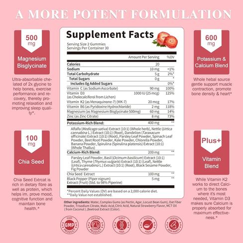 Magnesium Potassium Supplement Gummies - New Formula Calm Magnesium Glycinate 500mg & Potassium Citrate 200mg Plus Omega 3, B6, D3, K2 & Calcium for Sleep, Leg Cramps & Muscle - 120 Strawberry Gummies in Kuwait