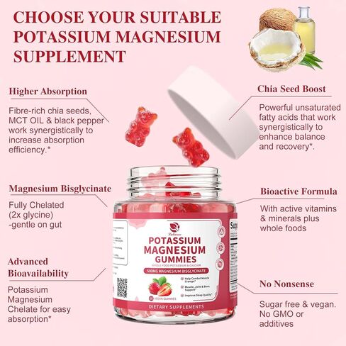 Magnesium Potassium Supplement Gummies - New Formula Calm Magnesium Glycinate 500mg & Potassium Citrate 200mg Plus Omega 3, B6, D3, K2 & Calcium for Sleep, Leg Cramps & Muscle - 120 Strawberry Gummies in Kuwait