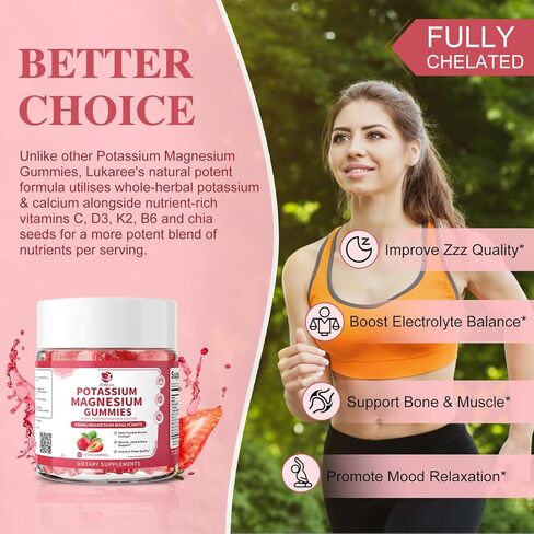 Magnesium Potassium Supplement Gummies - New Formula Calm Magnesium Glycinate 500mg & Potassium Citrate 200mg Plus Omega 3, B6, D3, K2 & Calcium for Sleep, Leg Cramps & Muscle - 120 Strawberry Gummies in Kuwait