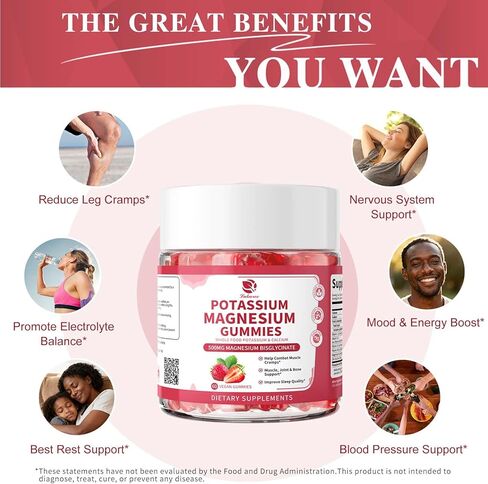 Magnesium Potassium Supplement Gummies - New Formula Calm Magnesium Glycinate 500mg & Potassium Citrate 200mg Plus Omega 3, B6, D3, K2 & Calcium for Sleep, Leg Cramps & Muscle - 120 Strawberry Gummies in Kuwait