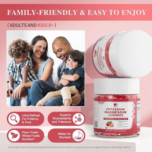 Magnesium Potassium Supplement Gummies - New Formula Calm Magnesium Glycinate 500mg & Potassium Citrate 200mg Plus Omega 3, B6, D3, K2 & Calcium for Sleep, Leg Cramps & Muscle - 120 Strawberry Gummies in Kuwait
