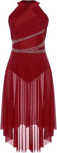 Women Adult Lyrical Dance Dress Modern Contemporary Costume Sparkly Rhinestones Ruched Asymmetrical Hem Ballet Dancewear(Red,M) in Kuwait