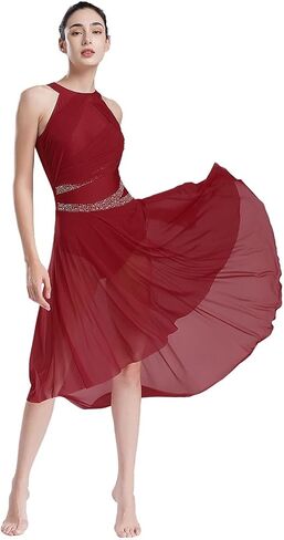 Women Adult Lyrical Dance Dress Modern Contemporary Costume Sparkly Rhinestones Ruched Asymmetrical Hem Ballet Dancewear(Red,M) in Kuwait
