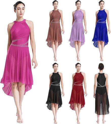 Women Adult Lyrical Dance Dress Modern Contemporary Costume Sparkly Rhinestones Ruched Asymmetrical Hem Ballet Dancewear(Red,M) in Kuwait