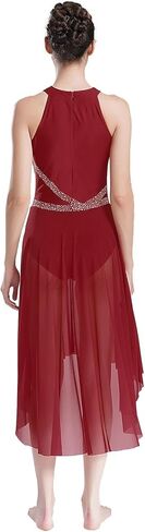 Women Adult Lyrical Dance Dress Modern Contemporary Costume Sparkly Rhinestones Ruched Asymmetrical Hem Ballet Dancewear(Red,M) in Kuwait